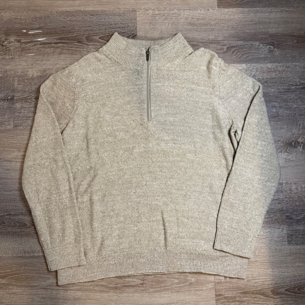 LL Bean Mens Large Oatmeal Beige 100% Organic Cotton Quarter Zip Sweater 510592